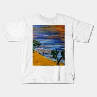 A ocean view of a beach at sunset Kids T-Shirt